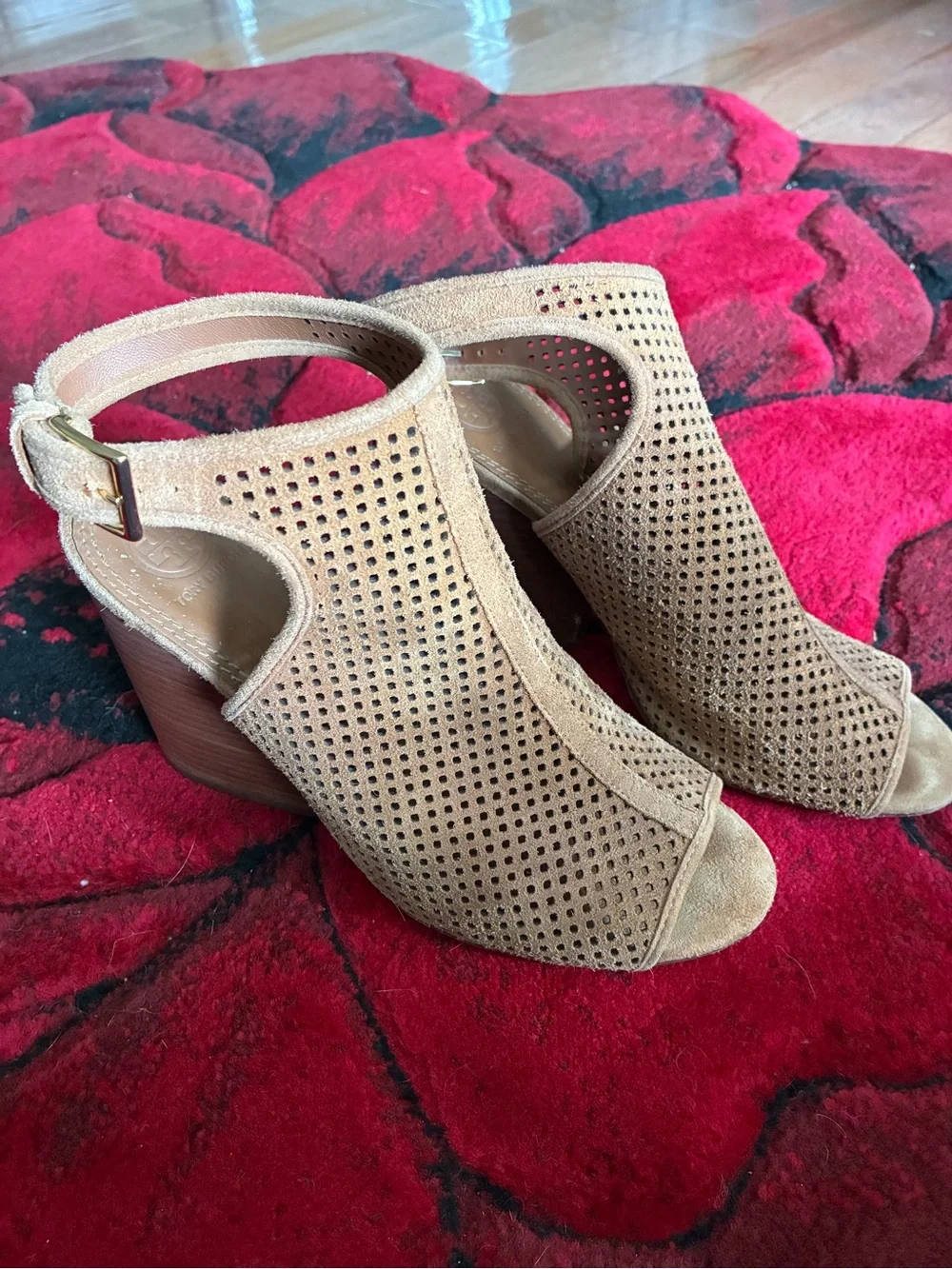 Tory Burch Tan Peep-Toe Perforated Wedge Sandals